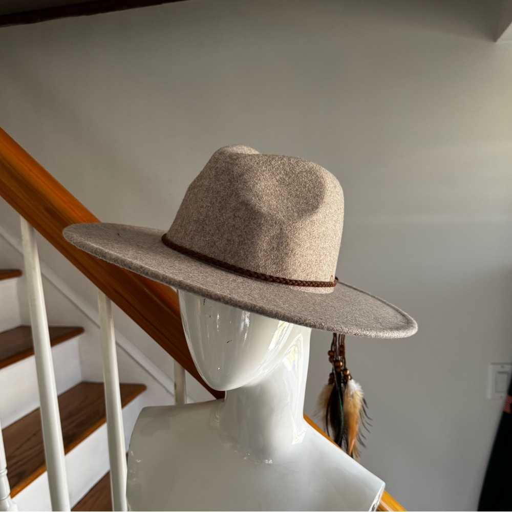 Wool Brimmed Hat with Feather Accent Band
